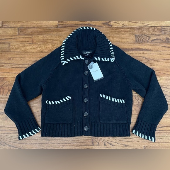 En Saison Piper Whipstitch Black & White Cardigan Sweater Women’s Medium NEW - Picture 3 of 14